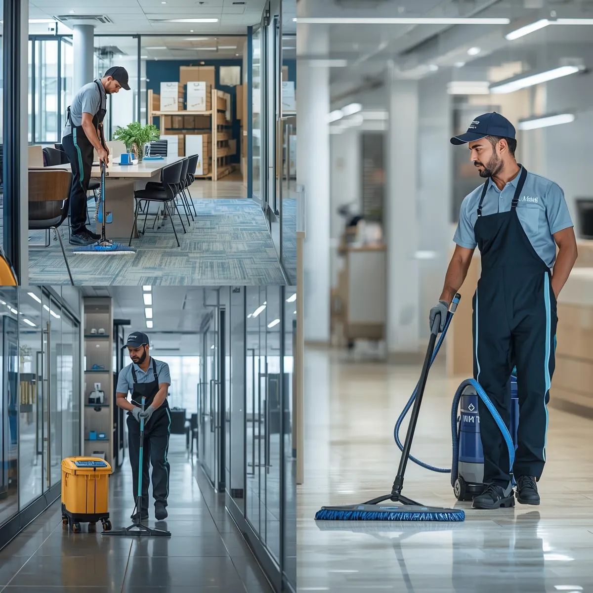 Commercial cleaning staff sanitising desks, retail floors, and facility spaces across different workplaces.