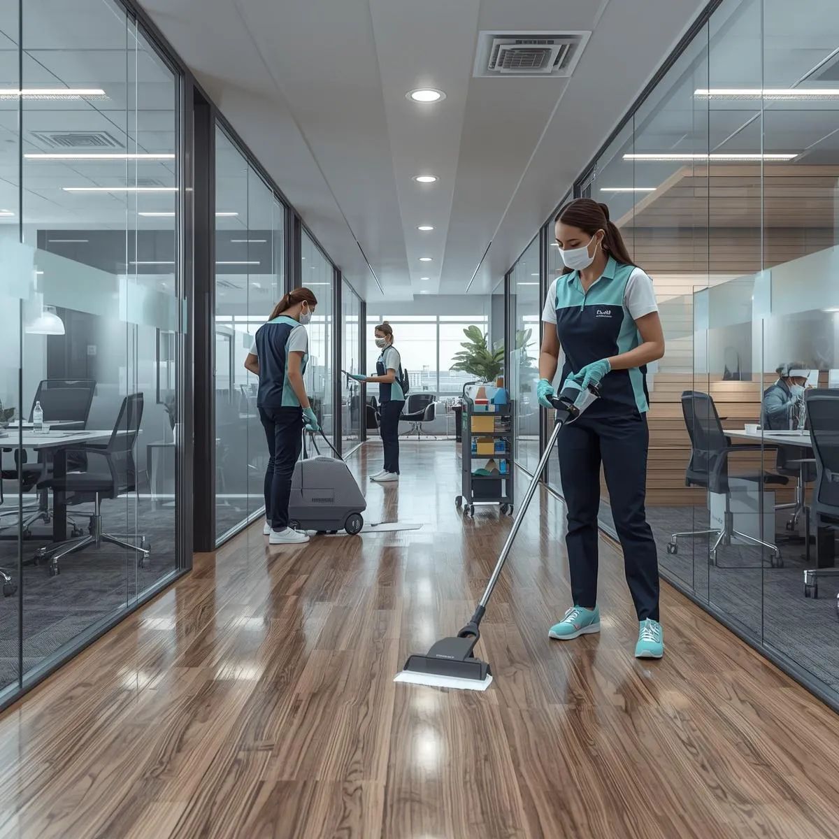 Office cleaning staff disinfecting workstations, vacuuming floors, and using spray equipment in a workplace.