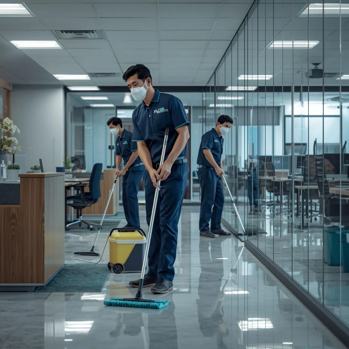 Cleaning staff disinfecting desks and surfaces in various professional office environments.