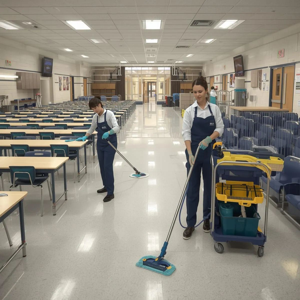 Cleaning staff disinfecting desks, laboratory surfaces, and floors inside a school facility.