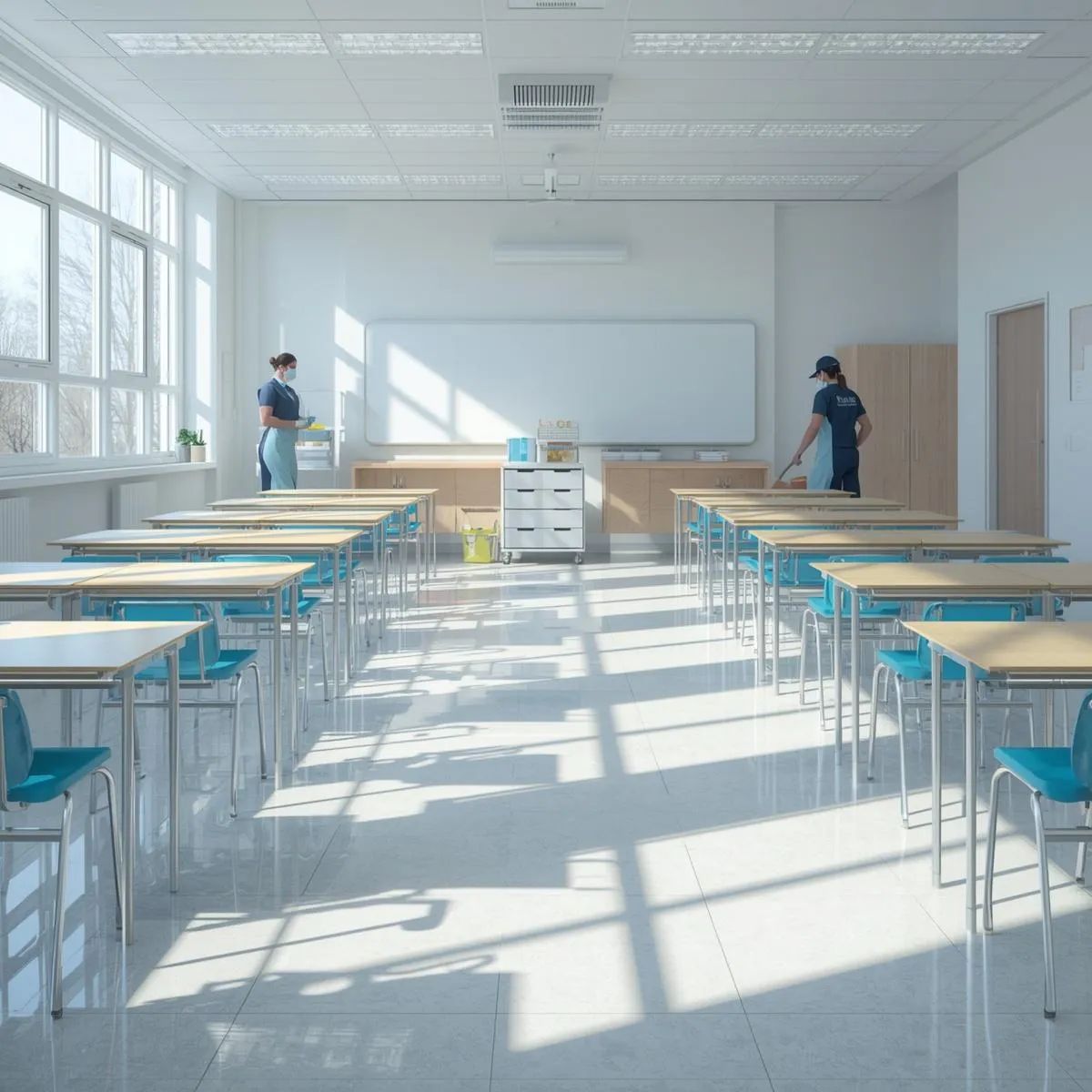 Clean and organised classroom environment with desks and surfaces maintained to high hygiene standards.