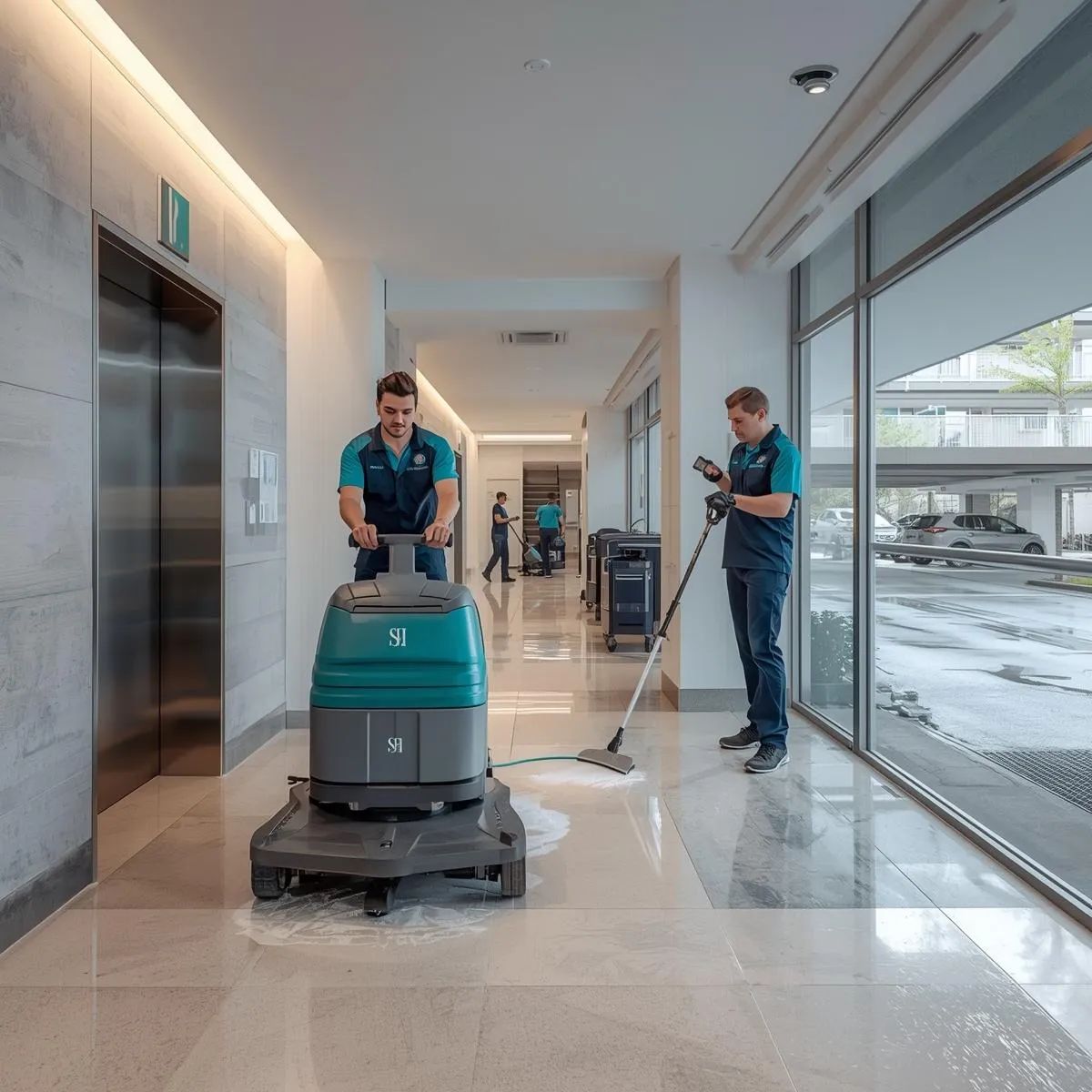 Cleaning staff maintaining lobby, hallways, lifts, and shared areas in a residential or commercial building.