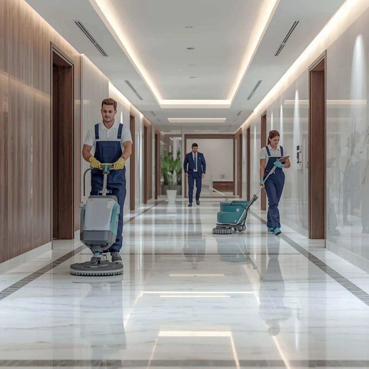 Cleaning staff maintaining lobby and shared areas in a building with professional equipment.