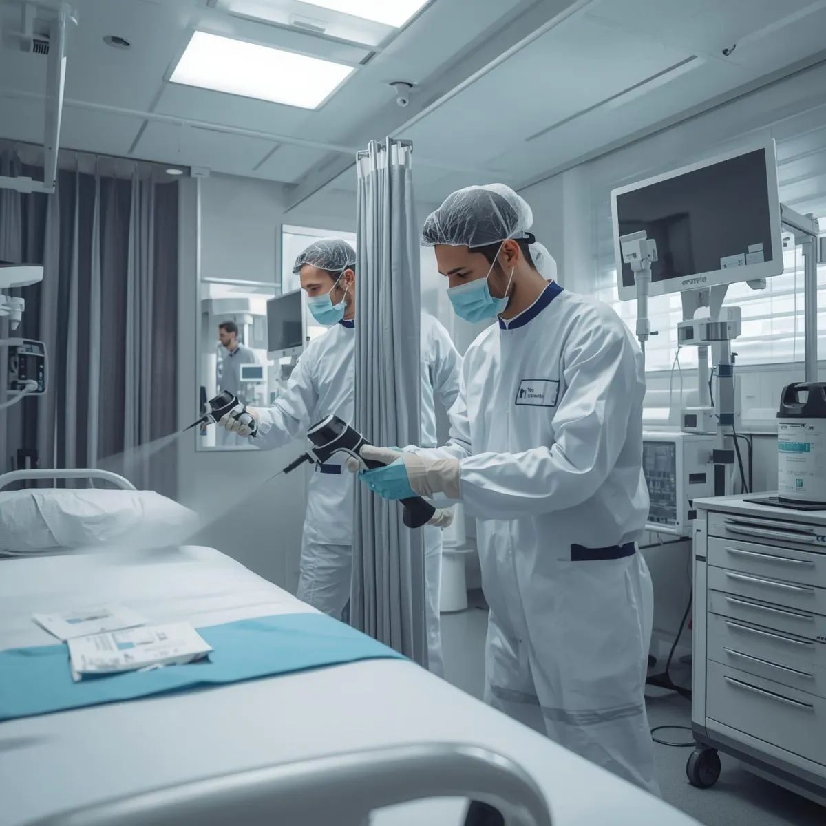 Healthcare cleaning staff disinfecting medical equipment and surfaces inside a hospital treatment room.