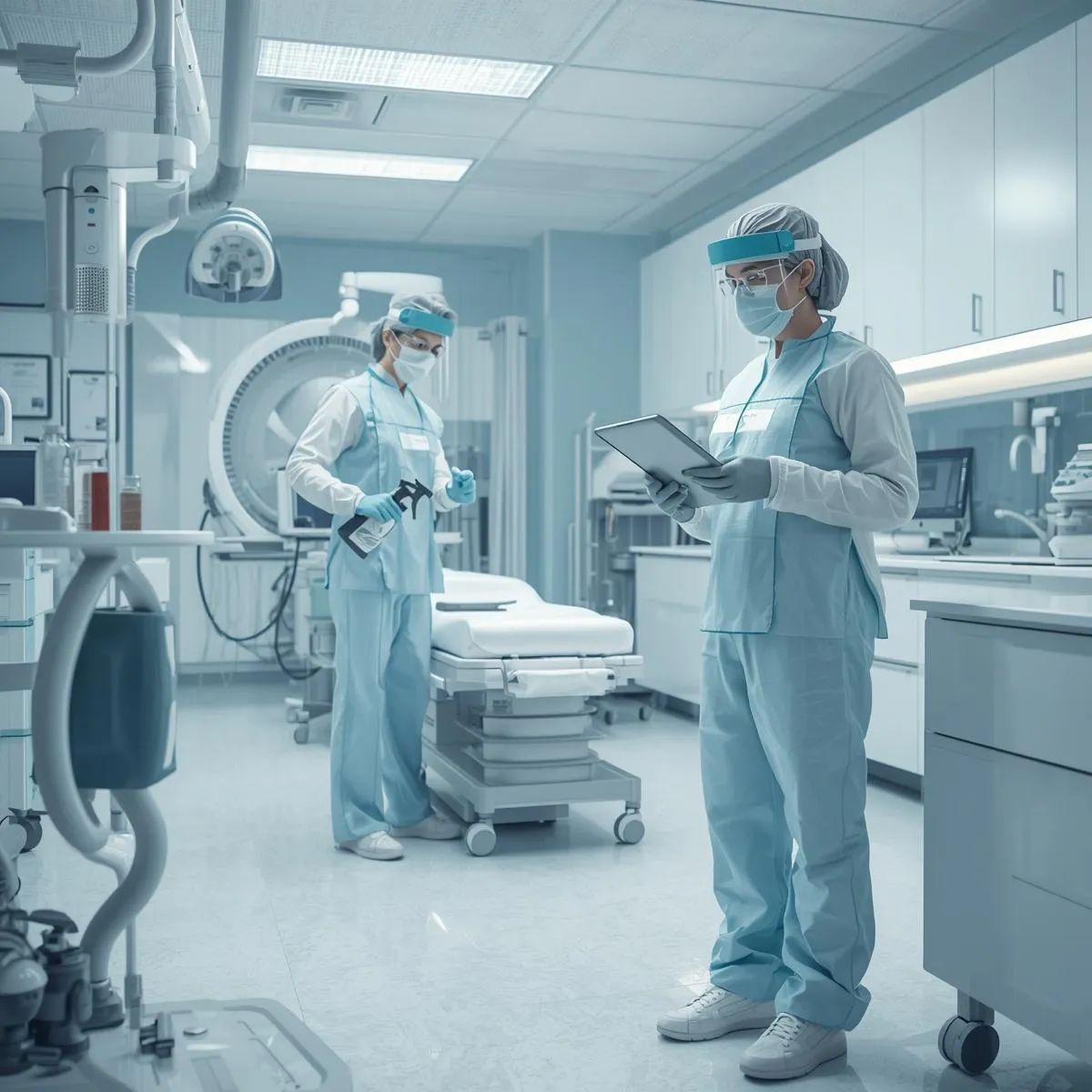 Healthcare cleaning staff disinfecting surfaces and reviewing cleaning procedures in a medical facility.