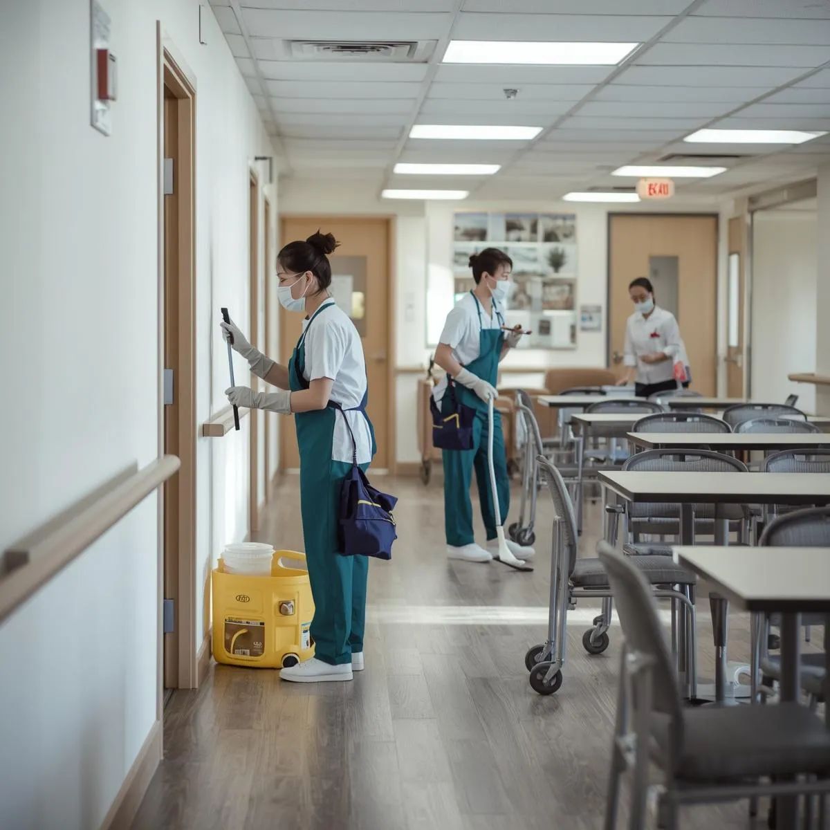Professional cleaners sanitising an aged care environment.