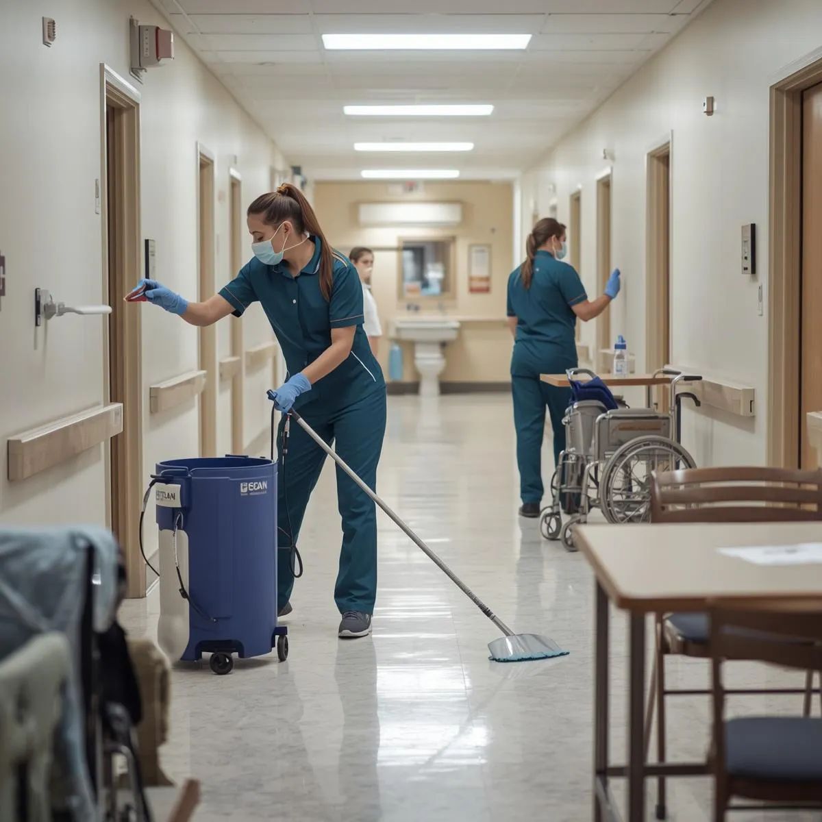 Cleaning staff disinfecting bedrooms, bathrooms, and shared areas inside an aged care facility.
