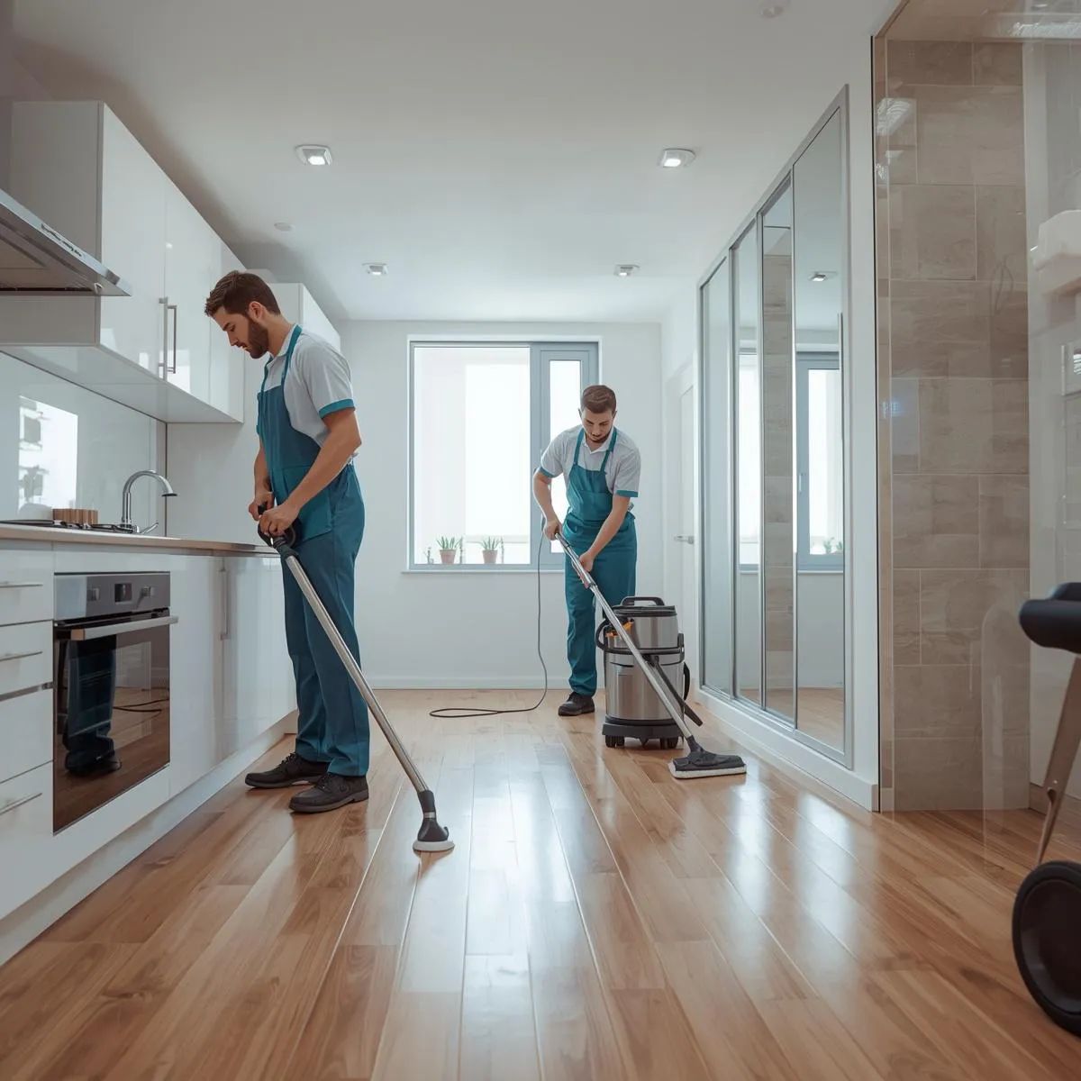 Cleaning staff performing deep cleaning in an empty rental property, including kitchen, bathroom, and floors.