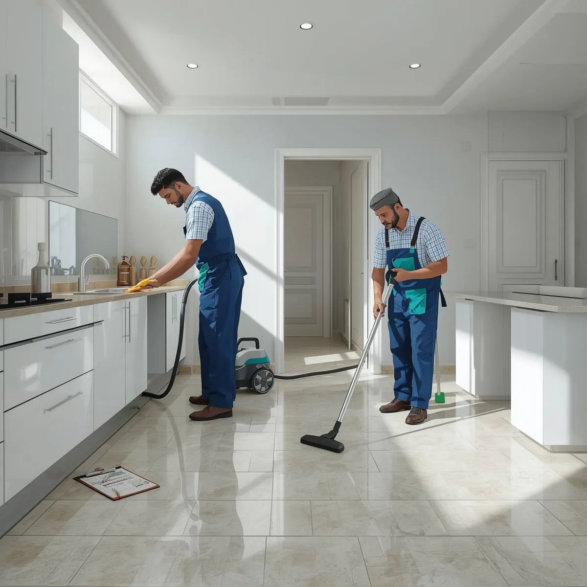 Cleaning staff preparing a rental property for inspection by cleaning surfaces, floors, and fixtures.