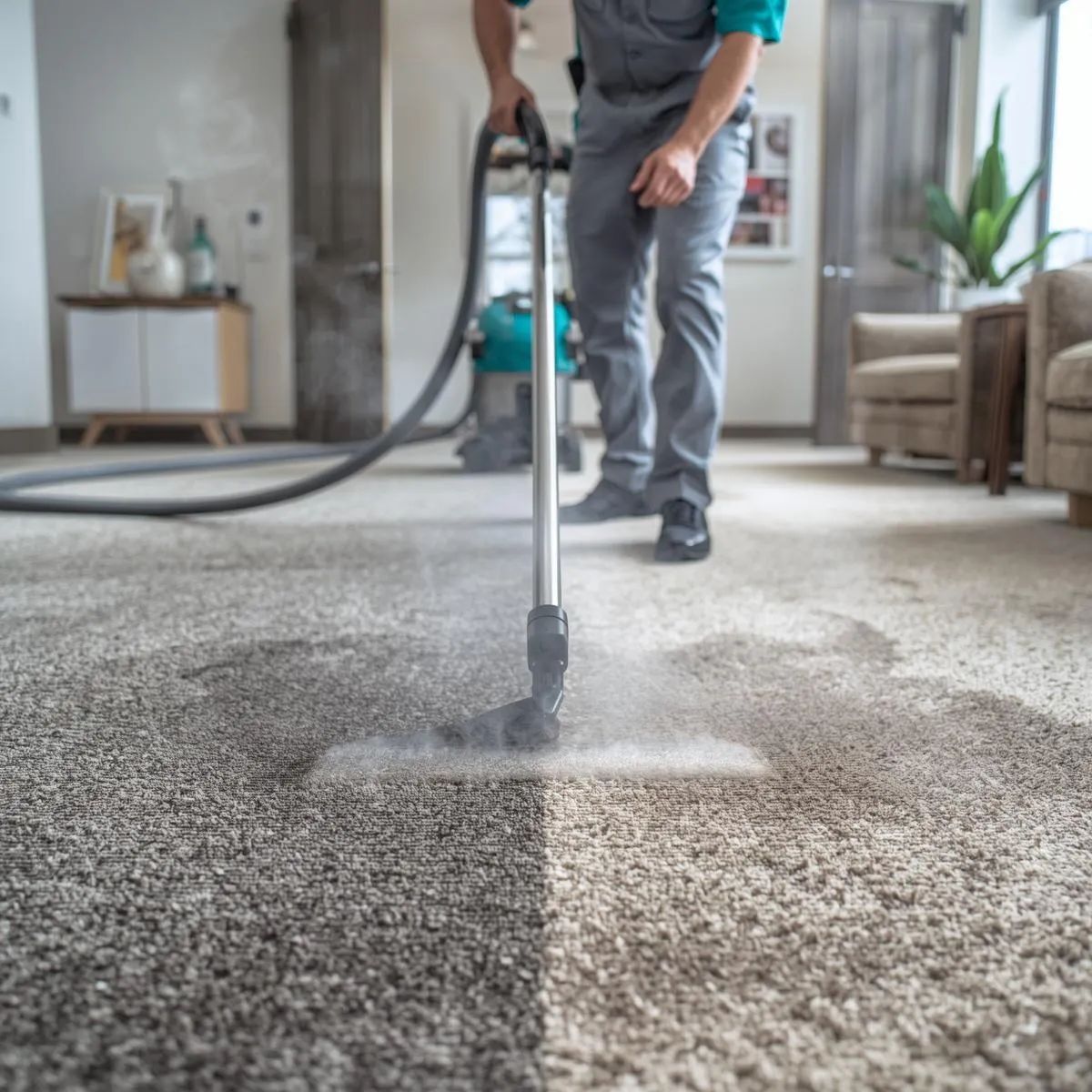 Technician using steam cleaning equipment to remove stains and dirt from carpet fibres.