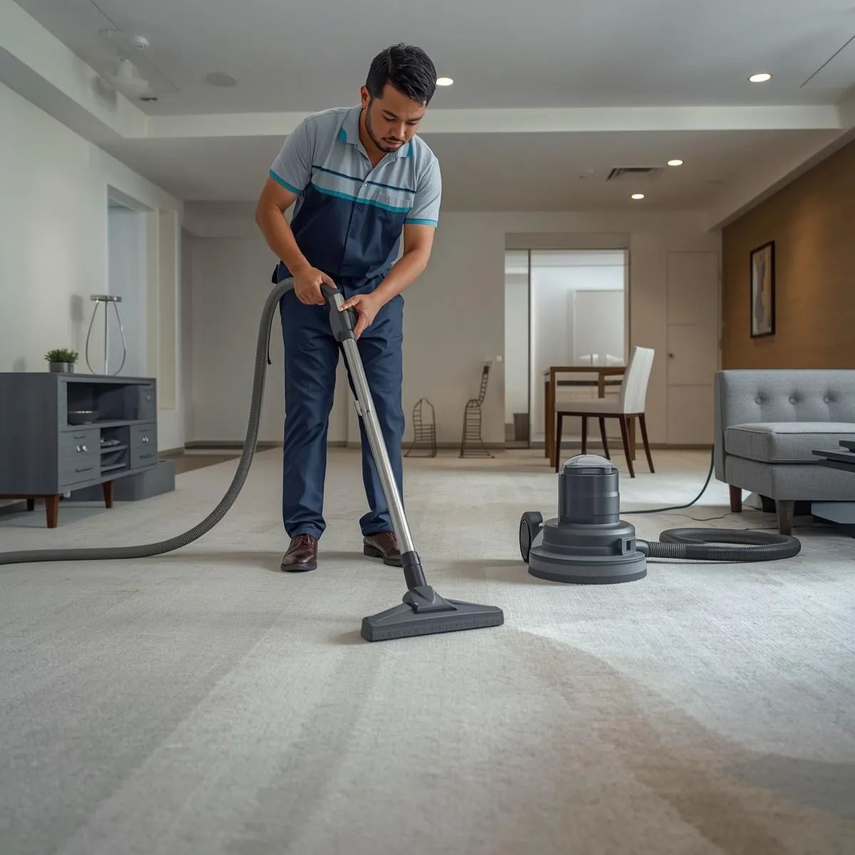 Technician using steam cleaning equipment to restore carpet cleanliness and appearance.