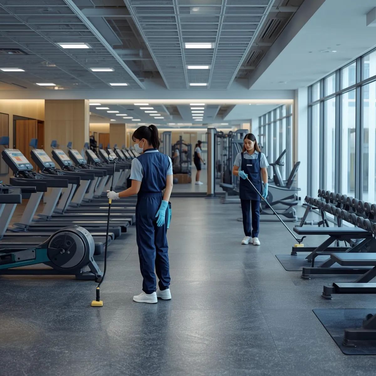 Cleaning staff disinfecting gym equipment, locker rooms, and workout areas in a fitness facility.