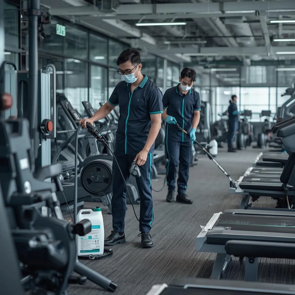 Cleaning staff using spray equipment and cloths to disinfect gym equipment and surfaces.