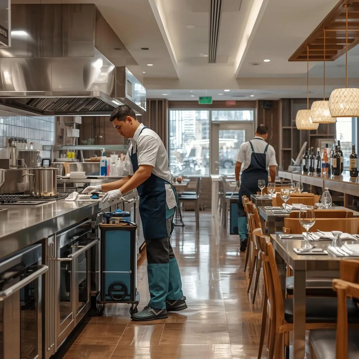 Cleaning staff sanitising kitchen equipment and dining areas inside a hospitality venue.