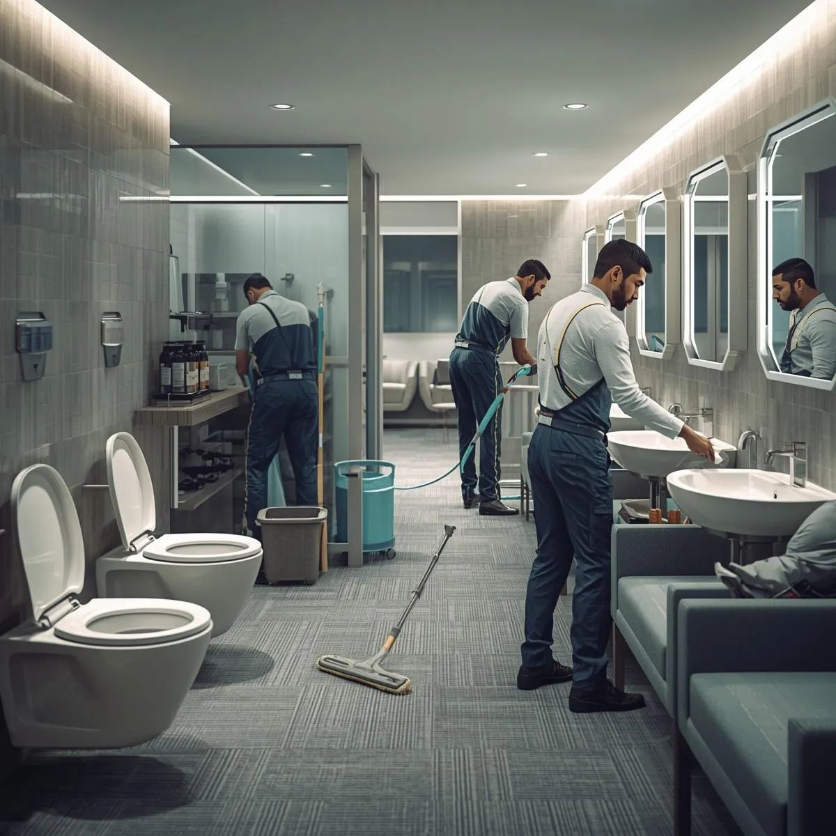 Cleaning staff disinfecting toilets, sinks, and floors inside a commercial washroom.