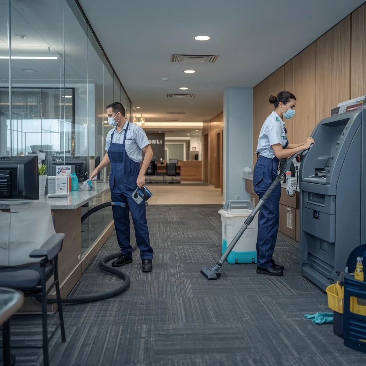 Cleaning staff disinfecting teller counters, ATM keypad, and floors inside a bank branch.
