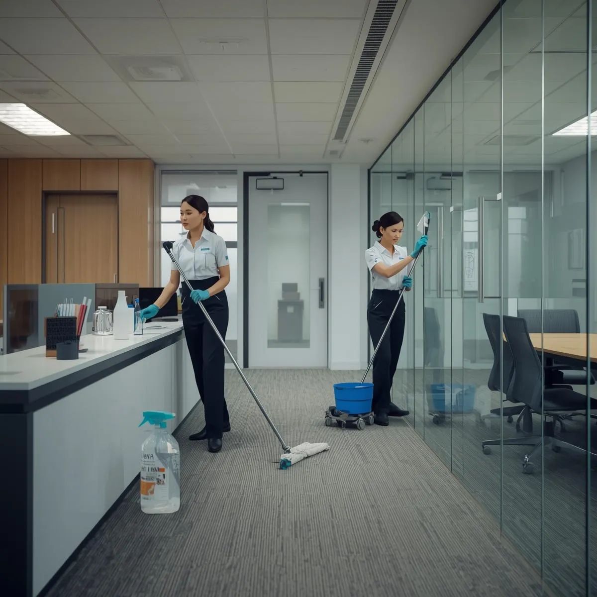 Cleaning staff disinfecting desks and surfaces inside a financial office environment.