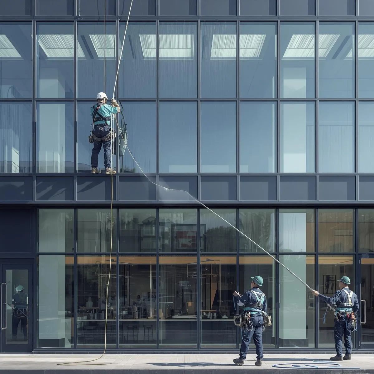 Window cleaning team using rope access and pole systems to clean glass on a commercial building.